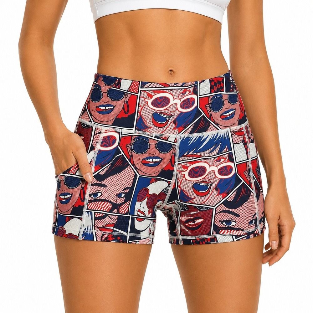 CVG Constantly Varied Gear Pop Art Comic 2.5" Workout Shorts Pockets Red Blue M